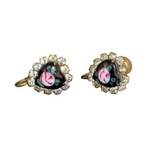 Vintage Screw Back Earrings W/ Floral Black Glass Cabochons & Rhinestones